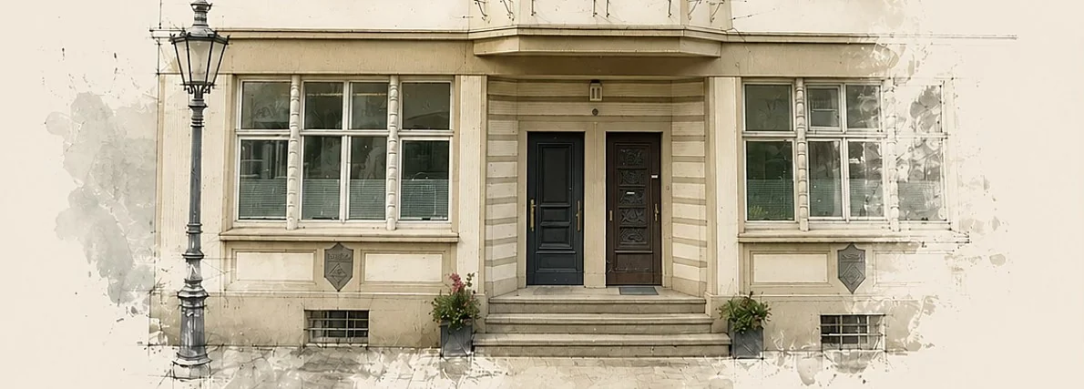 Das Haus In der Freiheit 19 – Erdgeschoss mit Eingang, Treppe und Laterne, als Aquarellzeichnung